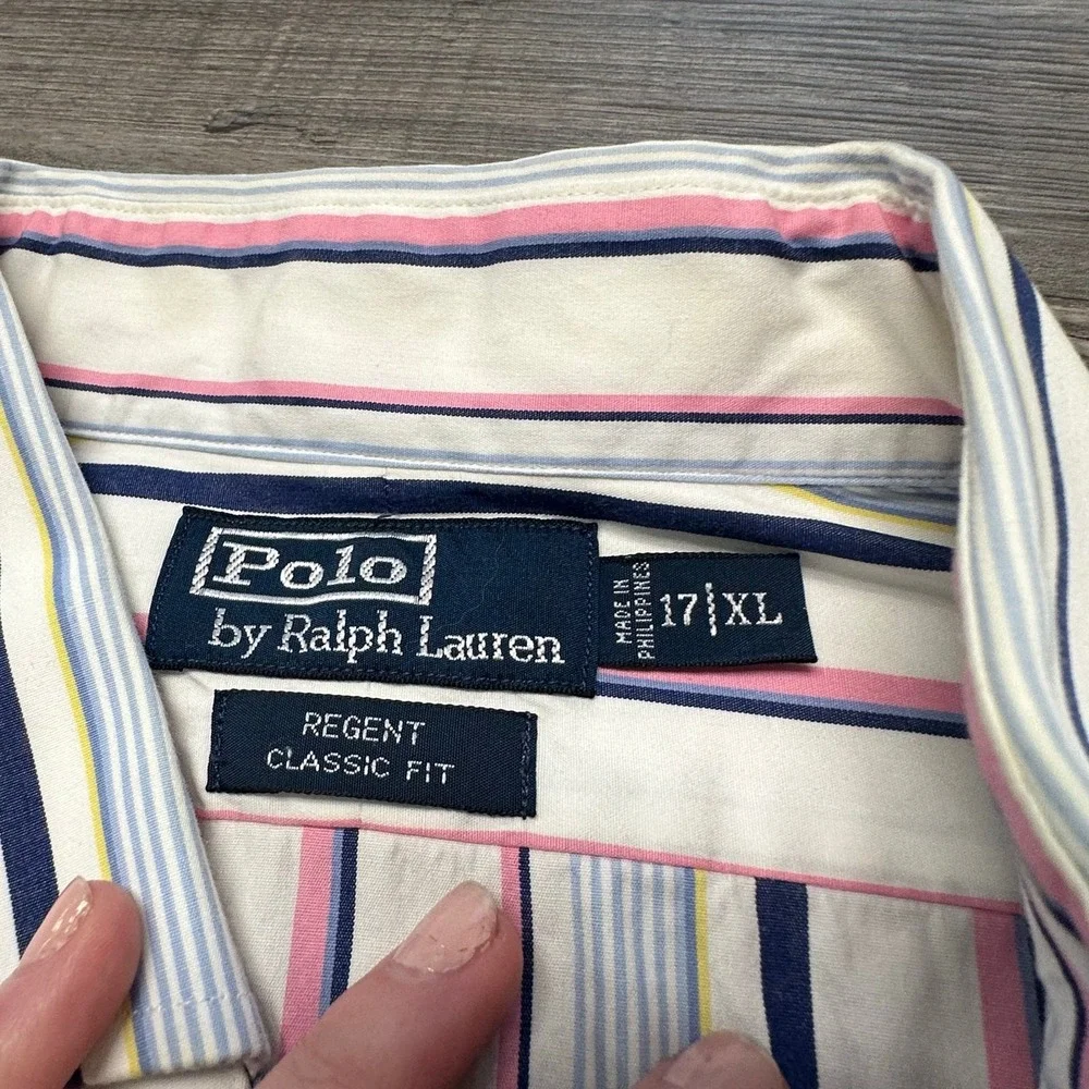 Vintage Polo Ralph Lauren Regent Mens 17 XL Button Dress Shirt Pink Blue Striped